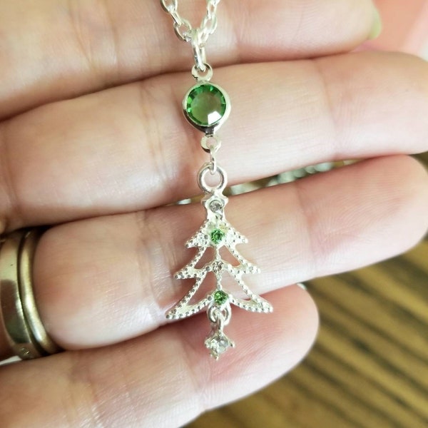 Sterling Silver Crystal Christmas Tree Necklace, Silver Necklace, Christmas Jewelry, Christmas Necklace, Christmas Trees, Holiday Jewelry