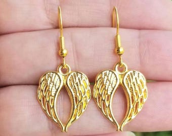 Gold Angel Wing Heart Dangle Earrings, Guardian Angel, Angel Earrings, Religious Jewelry, Angel Wings, Gothic, Faith, Hope