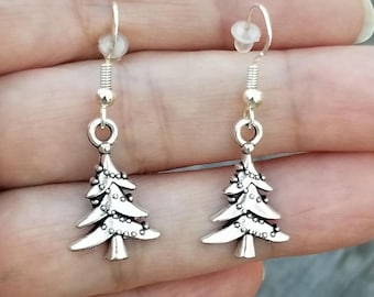 Silver Christmas Tree Earrings, Holiday Dangle Jewelry, Xmas Tree, Christmas Earrings, Holiday Jewelry, Festive Vibes