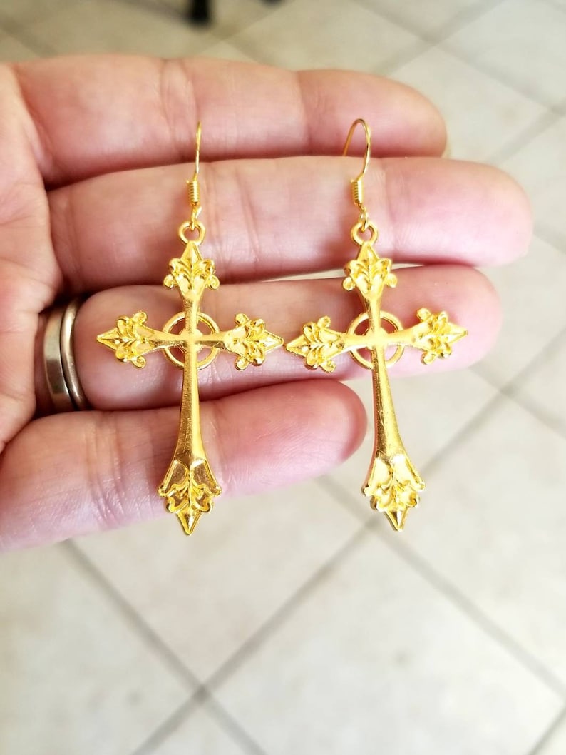 Large Cross Earrings 14k Gold Cross Earrings Cross Dangle Etsy