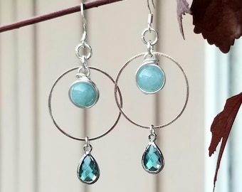 Sterling Silver Aquamarine Hoop Dangle Earrings, Aquamarine Teardrop, Silver Hoops, Aquamarine Gemstone, March Birthstone, Aqua, Handcrafted