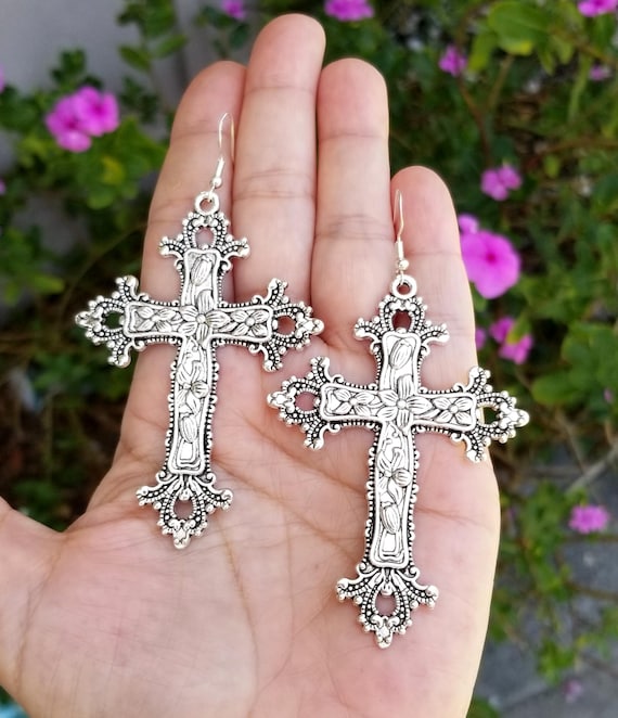 Large Silver Cross Dangle Earrings: Floral Embossed, Sterling