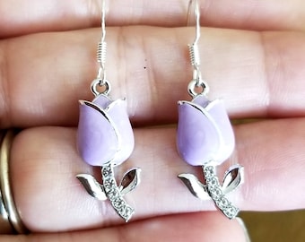 Silver Tulip Earrings, Purple Tulip Earrings, Flower Earrings, Dangle, Spring Flowers, Spring Jewelry, Tulips, Nature, Plants, Gardener Gift