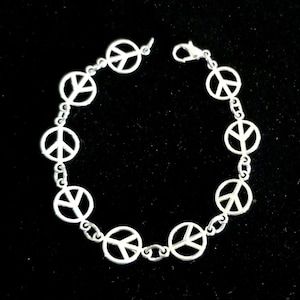 Silver Peace Bracelet, Peace Sign Charm Bracelet, Womens Peace Sign Bracelet, Peace Sign Bracelet, Hippie, 70&#39;s Theme Jewelry, Peace & Love