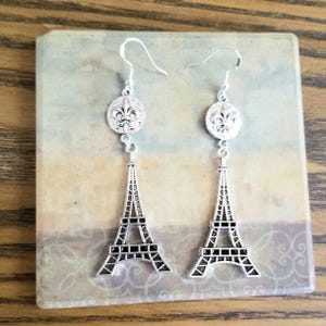 Silver Eiffel Tower Earrings, Long Dangle Earrings, Fleur de Lis Earrings, Eiffel Tower Jewelry, Paris, France, Paris Theme, Womens Earrings