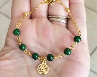 Gold Jade Bracelet, Beaded Jade Bracelet, Beaded Bracelet, Jade Bracelet, Green Jade Bracelet, Persian Jade, Good Luck, Chinese Symbol