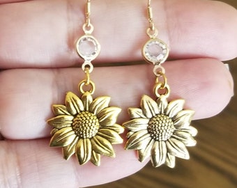 Gold Sunflower Earrings, Crystal Sunflower Dangle Earrings, Women's Earrings, Gold Flower Earrings, Gifts, 14k Gold over Silver, Sunflowers