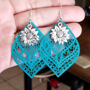 Silver Sunflower Earrings, Silver Sunflower Dangle Earrings, Large Sunflower Earrings, Large Dangle Earrings, Sunflowers, Flower Earrings