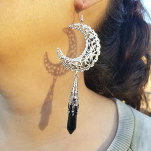 Large Filigree Crescent Moon Blue Sandstone Pendulum Dangle Earrings, Gemstone Pendulum, Moon Earrings, Gothic, Goth, Wicca, Wiccan