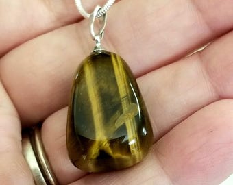 Sterling Silver Tigers Eye Necklace, Tigers Eye Nugget Necklace, Large Tigers Eye Pendant Necklace, Tigers Eye Jewelry, Natural Stone