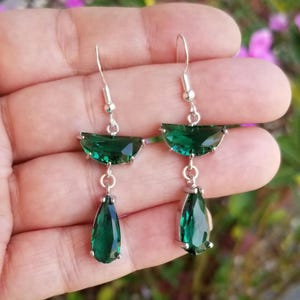 Sterling Silver Emerald Dangle Earrings: May Birthstone Jewelry, Geometric, Modern