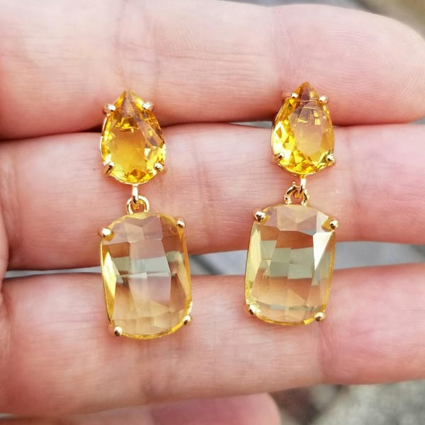 14k Gold Citrine Stud Earrings, Citrine Dangle Earrings, Citrine Studs, November Birthstone, Pendant Earrings, Drop, Post Back