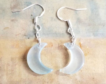 Sky Blue Glass Moon Earrings, Sterling Silver Earrings, Crescent Moon Dangle Earrings, Silver Moon Jewelry, Celestial, Moons, Womens