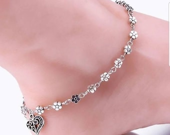 Tibetan Silver Plated Daisy Chain Flower Anklet//Ankle Bracelet With Heart Charm