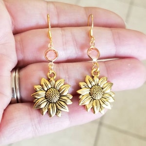 Gold Sunflower Earrings, Sunflower Dangle Earrings, Women&#39;s Earrings, Gold Flower Earrings, Sunflowers, Sunflower Jewelry, Sunflower Gifts