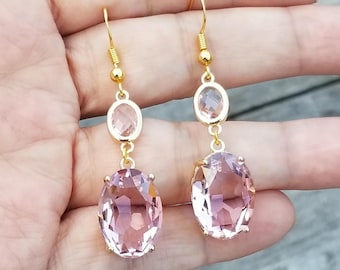 14k Gold Pink Tourmaline Oval Dangle Earrings, Pink Tourmaline Earrings, October Birthstone, Tourmaline Jewelry, Pastel Pink Gemstone