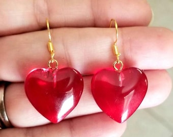 Ruby Red Glass Heart Earrings, 14k Gold Red Heart Earrings, Red Heart Jewelry, Large Heart Earrings, Gold Dangle Earrings, Valentine Jewelry