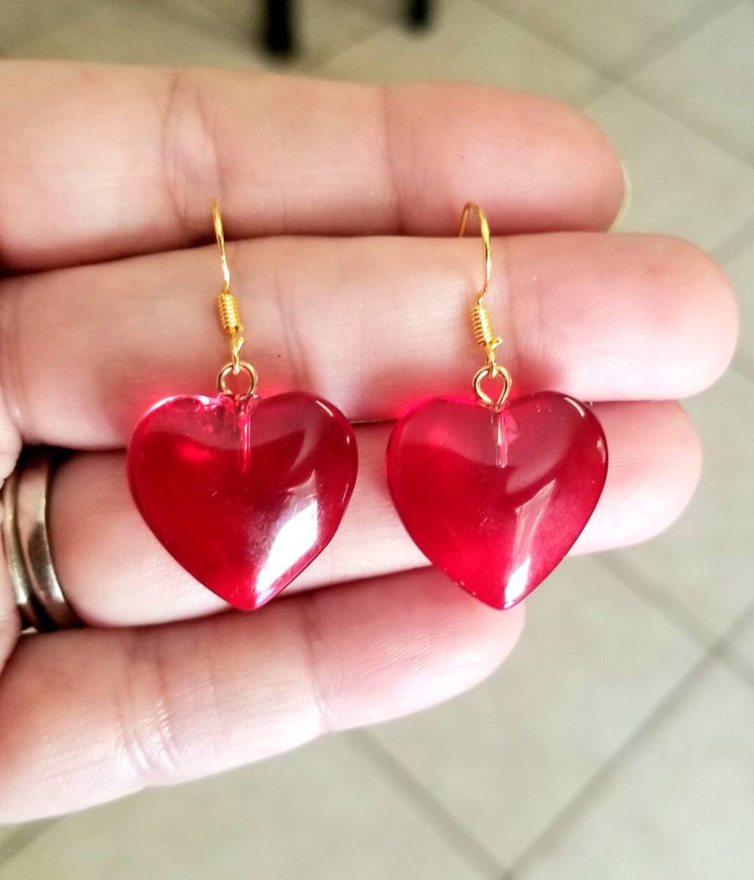 Ruby Red Glass Heart Earrings, 14k Gold Red Heart Earrings, Red Heart