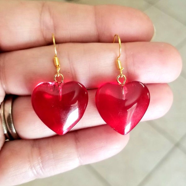 Ruby Red Glass Heart Earrings, 14k Gold Red Heart Earrings, Red Heart Jewelry, Large Heart Earrings, Gold Dangle Earrings, Valentine Jewelry
