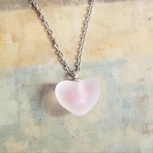 Heart Choker Necklace, Pink Frosted Glass Heart Pendant, Pink Heart Necklace, Heart Jewelry, Puff Hearts, Retro, Heart of Glass, Christmas
