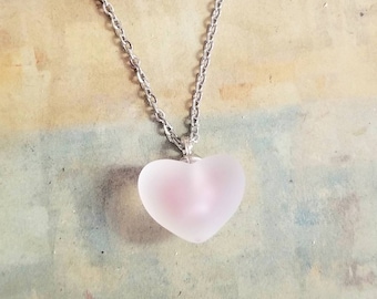 Heart Choker Necklace, Pink Frosted Glass Heart Pendant, Pink Heart Necklace, Heart Jewelry, Puff Hearts, Retro, Heart of Glass, Christmas