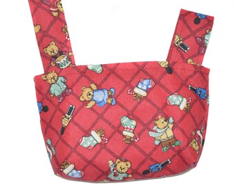 Japanese Knot Bag - Tiny - Teddy Bears Red Background -  Silver Dots Red Lining - Holds Small Items