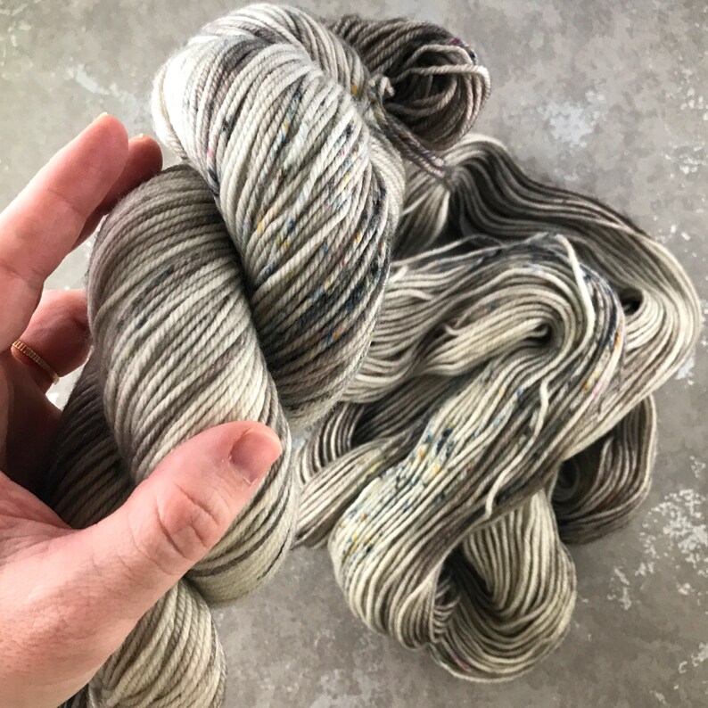 I Hate Birthdays! Grey with rainbow speckles Speckled dk weight yarn for knitting and crochet Dye Lot 007 FREE US SHIPPING