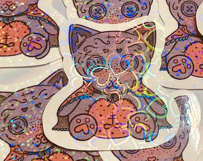 Holographic Vampire Cat Sticker: Spooky Gothic Familiar