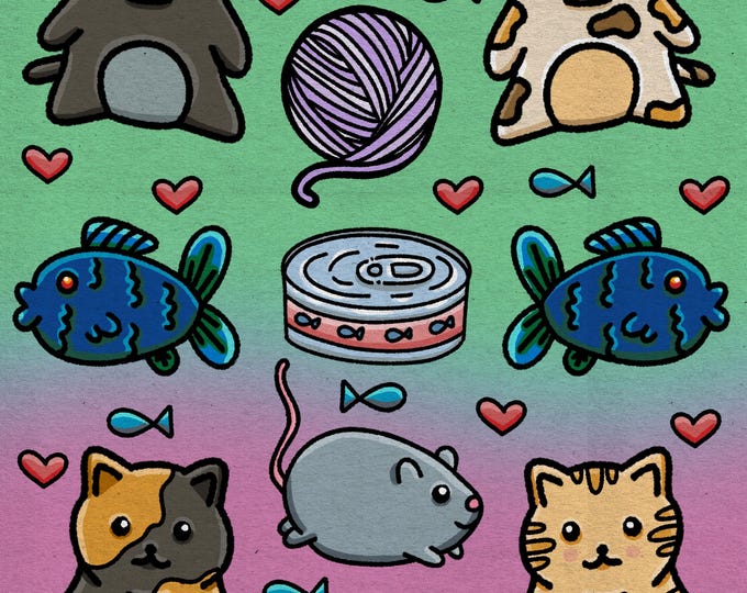 Cute Cats and Fish Coloring Page | Printable and Digital Coloring for iPad | Adorable Kawaii Cat Doodle Art