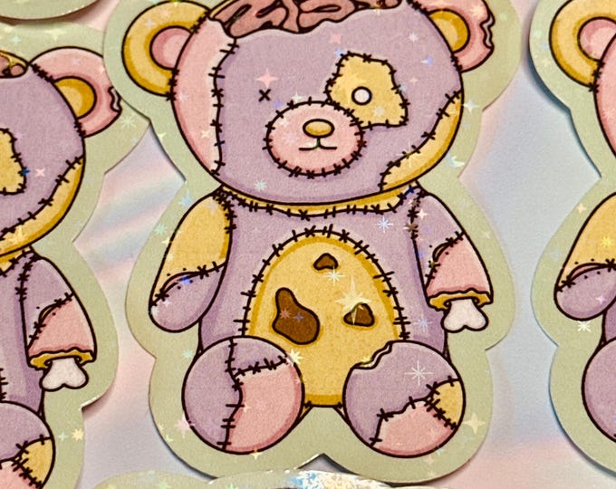 Holographic Zombie Teddy Bear Sticker: Gothic Kawaii Vinyl Decal