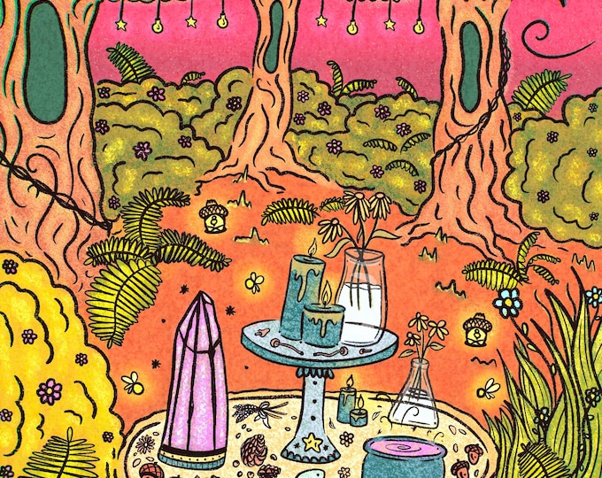 Ghost Forest Trees with Witches Harvest Alter Print || Magical Original Forest Illustration