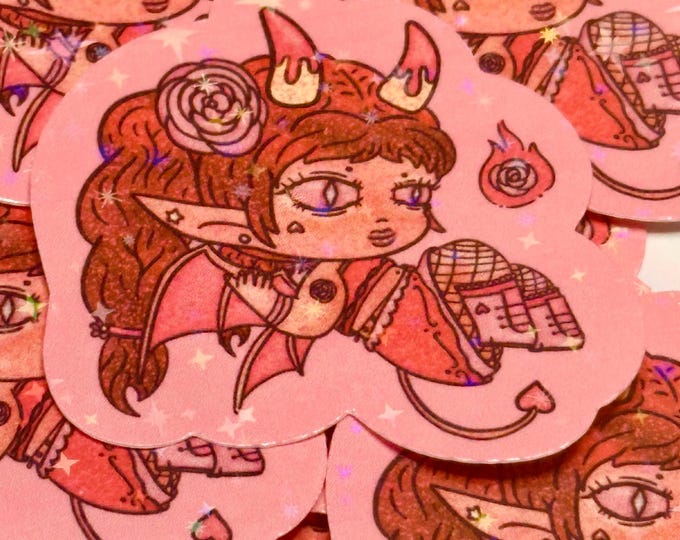Gothic Demonette Holographic Sticker: Kawaii Goth Rosavelle Emberthorn