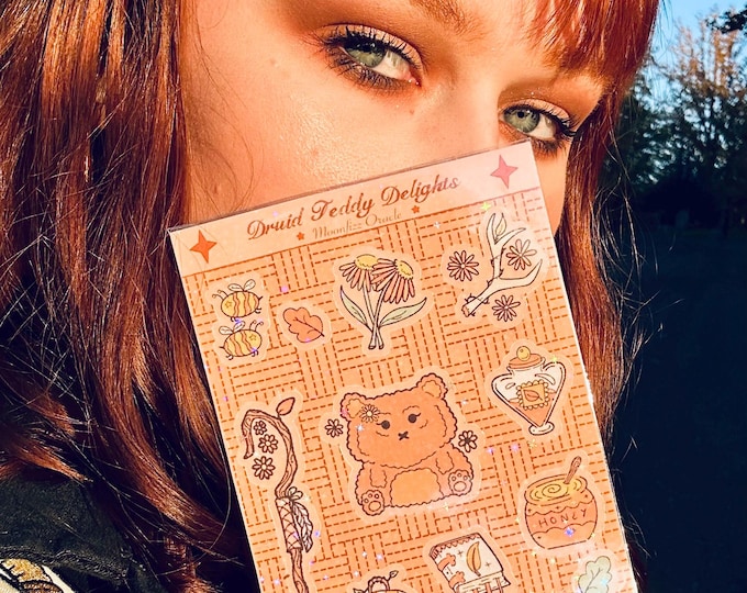Druid Teddy Delights | Holographic Star Finish Sticker Sheet | Cottagecore Fantasy Bear Pet Starter Pack