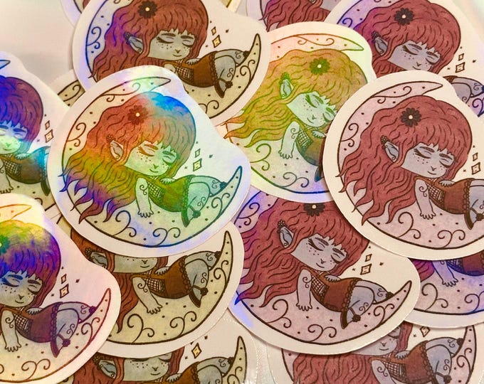 Elaria Crescent Moon Witch Sticker | Holographic Vinyl | Kawaii Witchy Sticker in Purple or Green