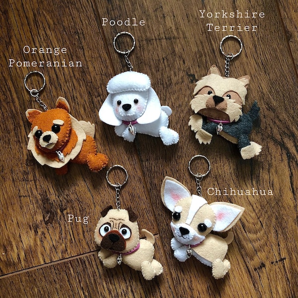 Felt Dog Keyring - Felt Dogs - Felt Yorkie Keyring - Felt Chihuahua Keyring - Felt Pug Keyring - Felt Pomeranian Keyring - Dog Lover Gift