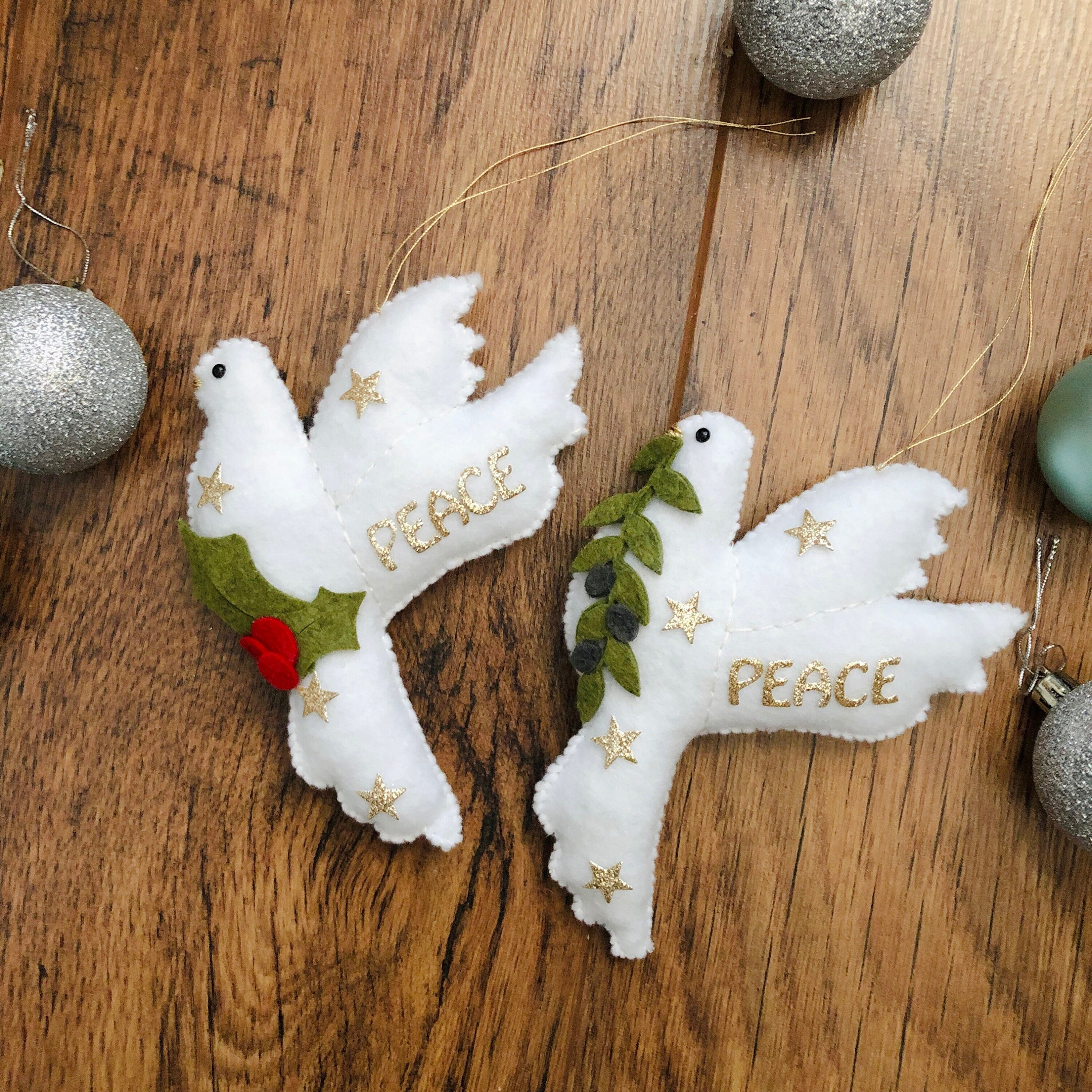 Set of 6 Handmade Felt Heart Ornaments with Doves, 'Love Doves