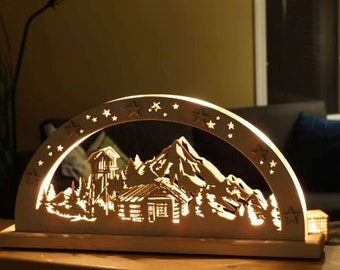 Christmas lamp "Trapper's Cabin" / winter lamp / Home Decor / decor lighting / wood laser cut decor / shelf light / 3d lamp / xmas lamp