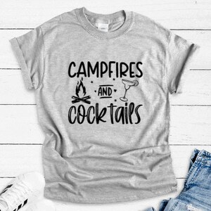 Campfires and Cocktails, Camping, Gray Unisex Short Sleeve T-shirt with FREE SHIPPING