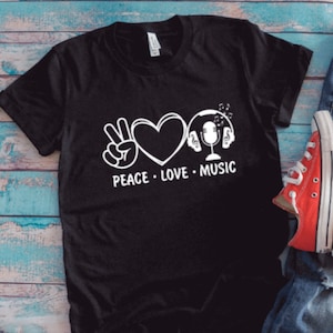 Peace, Love, Music, Black Unisex Short Sleeve T-shirt with FREE SHIPPING