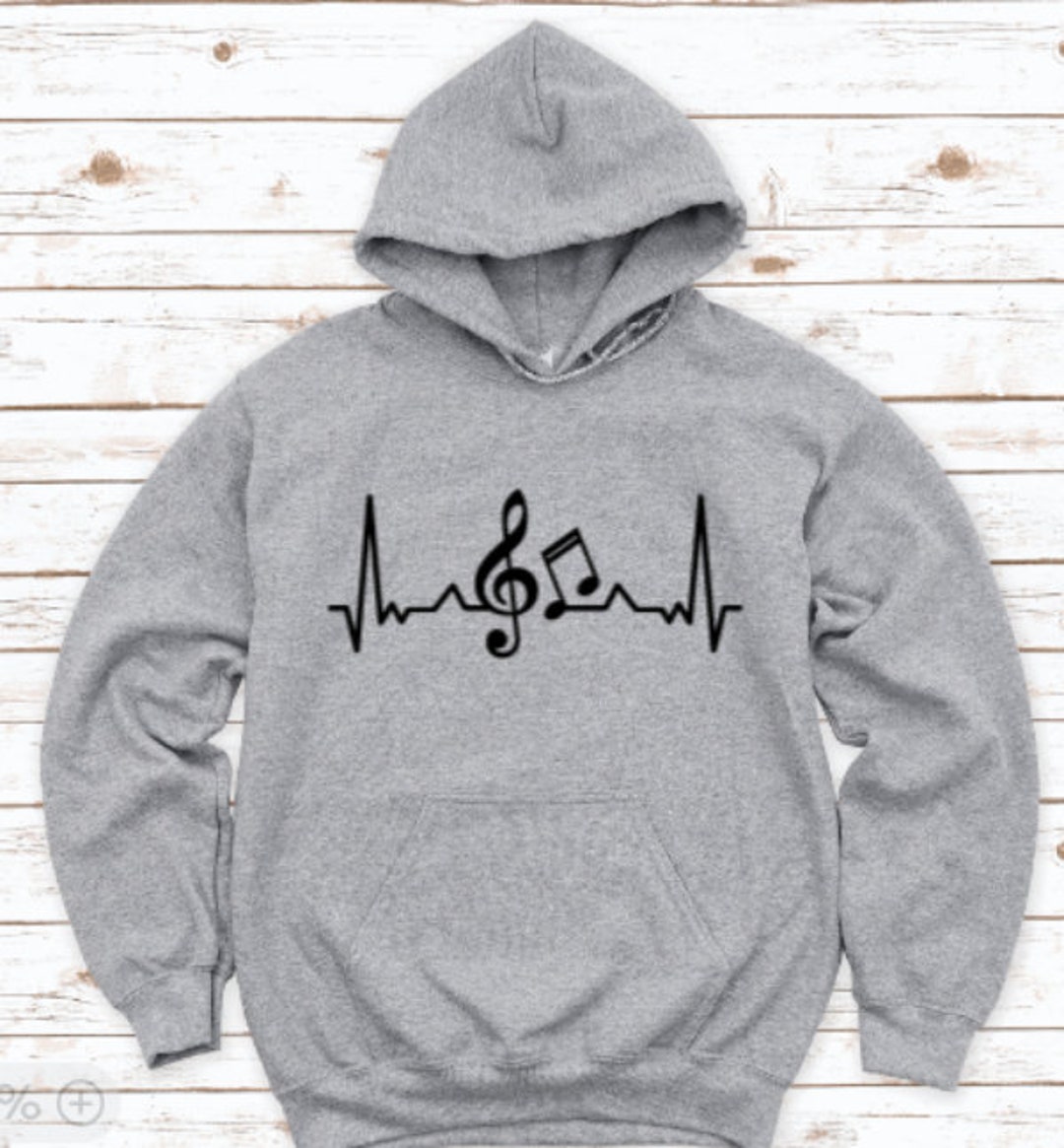 Music Notes Heartbeat, Gray Unisex Hoodie Sweatshirt With