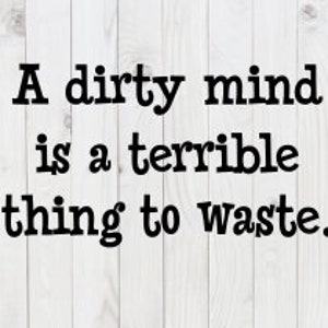 May include: A white wooden sign with black text that reads "A dirty mind is a terrible thing to waste."
