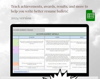 Career Accomplishments Tracker, 2024 Version Instant Download | Spreadsheet