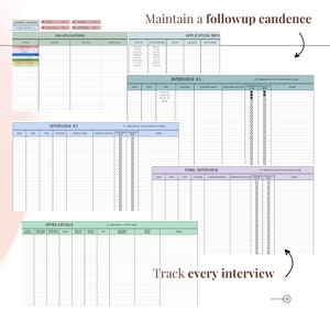 K&ouml;nnte beinhalten: Ein druckbarer Job-Bewerbungs-Tracker mit Abschnitten f&uuml;r Bewerbungen, Interviewdetails und Angebotsdetails. Der Tracker enth&auml;lt Abschnitte f&uuml;r Bewerbungsdaten, Interviewtyp, Ort, Kontaktname, Stellenbezeichnung, Datum, Uhrzeit, Notizen und Angebotsdetails. Der Tracker soll Bewerbern helfen, den Fortschritt ihrer Jobsuche zu verfolgen.