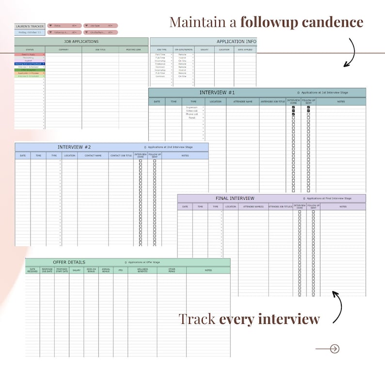 K&ouml;nnte beinhalten: Ein druckbarer Job-Bewerbungs-Tracker mit Abschnitten f&uuml;r Bewerbungen, Interviewdetails und Angebotsdetails. Der Tracker enth&auml;lt Abschnitte f&uuml;r Bewerbungsdaten, Interviewtyp, Ort, Kontaktname, Stellenbezeichnung, Datum, Uhrzeit, Notizen und Angebotsdetails. Der Tracker soll Bewerbern helfen, den Fortschritt ihrer Jobsuche zu verfolgen.