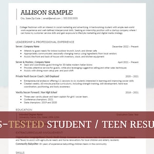 May include: A red and white resume template with the text "ATS-TESTED STUDENT / TEEN RESUME" in bold, white letters. The resume is for a student seeking an internship in social marketing and advertising.