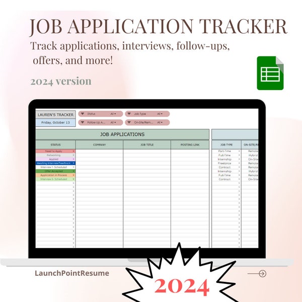 Tracker delle domande di lavoro/Modello Fogli Google per il 2024/Modello di tracker delle domande di lavoro/Pianificatore della ricerca di lavoro, Tracker dei colloqui