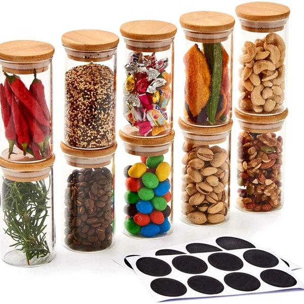 200ml Bamboo Spice Jar Set / Contenedores Herméticos / Tarros de Vidrio de Bambú / Tapas de Bambú Natural / Etiquetas de Pizarra / Conjunto de 10