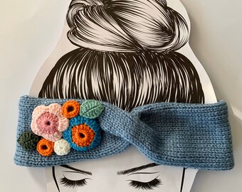 Knitted Headband with Crochet Flower, Winter Ear Warmer