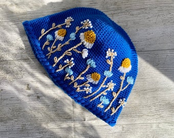 Crochet Royal Blue Hat, Knitted Daisy Flower, Winter Beanie