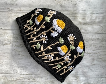 Handmade Daisy Crochet Black Hat, Floral Knit Winter Beanie